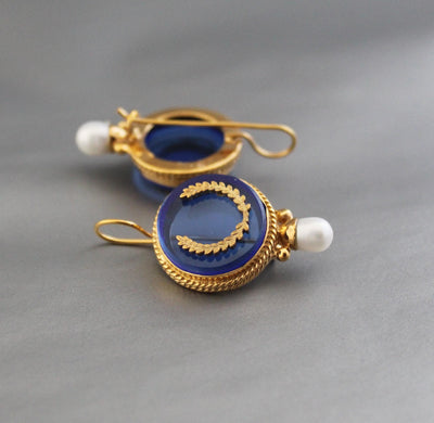 Blue Intaglio Glass Earrings, 1920s Art Deco Pearl Drops, Brass, photo 2