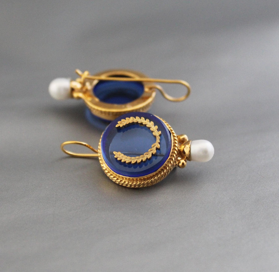 Blue Intaglio Glass Earrings, 1920s Art Deco Pearl Drops, Brass, photo 2