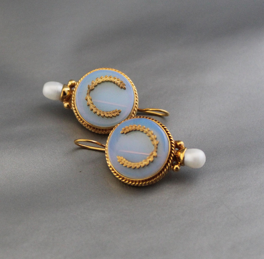 Opal Glass Intaglio Earrings, Art Deco Pearl Drops, Brass, photo 5