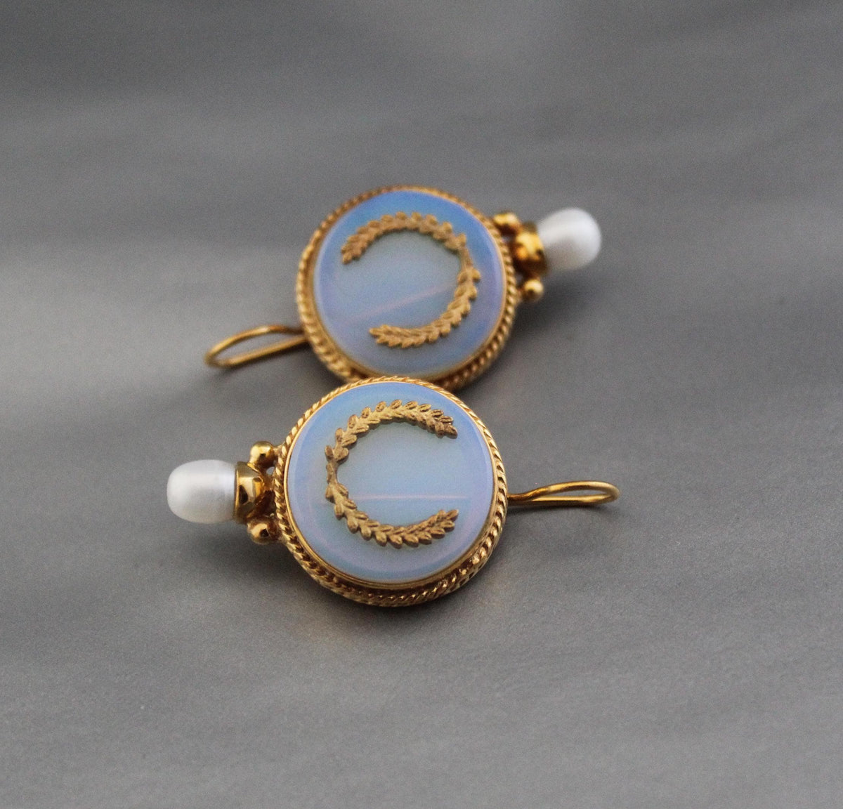 Opal Glass Intaglio Earrings, Art Deco Pearl Drops, Brass, photo 2