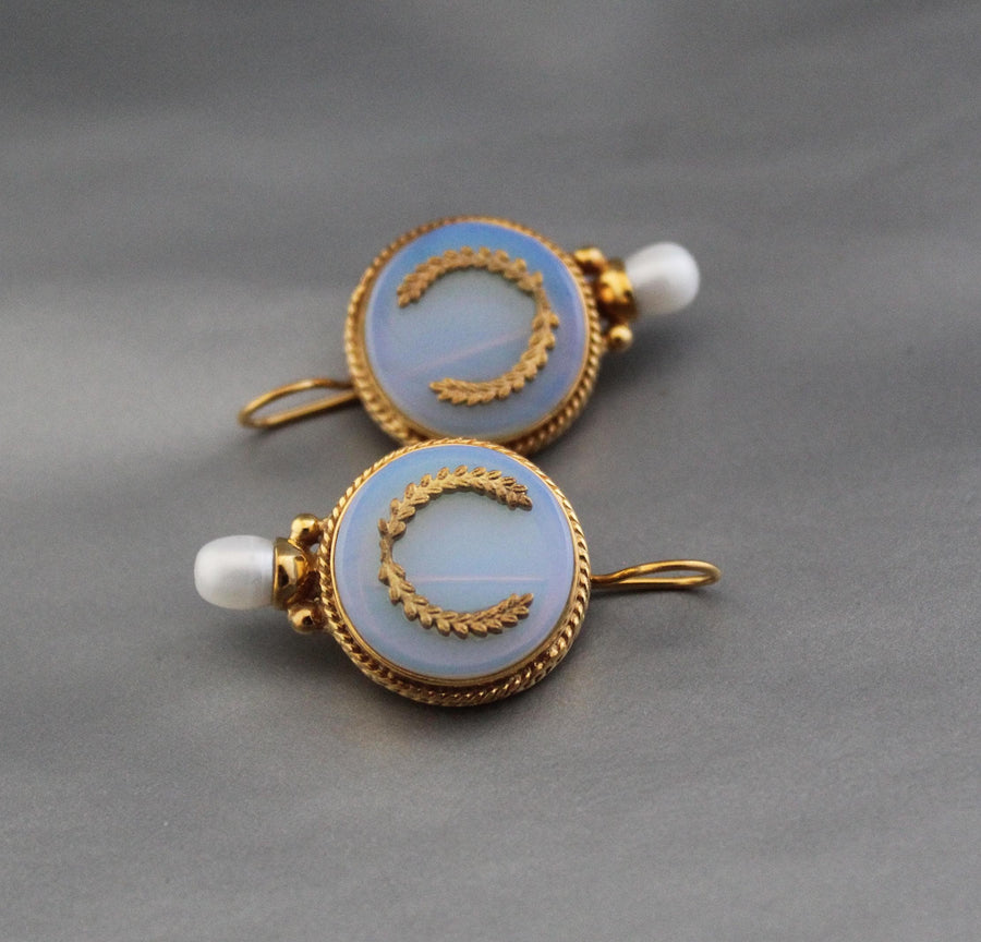 Opal Glass Intaglio Earrings, Art Deco Pearl Drops, Brass, photo 2