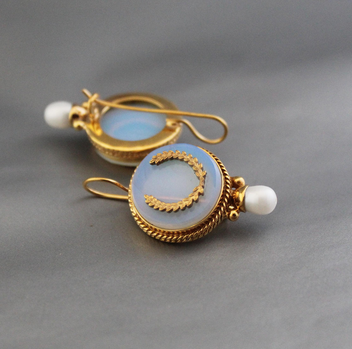 Opal Glass Intaglio Earrings, Art Deco Pearl Drops, Brass, photo 4