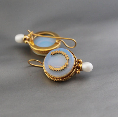 Opal Glass Intaglio Earrings, Art Deco Pearl Drops, Brass, photo 4