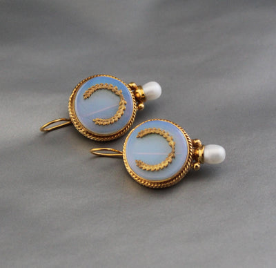 Opal Glass Intaglio Earrings, Art Deco Pearl Drops, Brass, photo 7