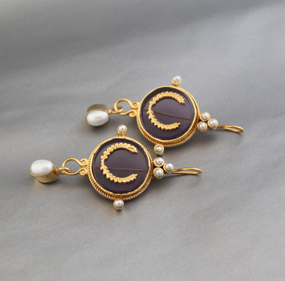 Purple Crystal Laurel Intaglio Earrings, Bridal Pearls, Gold Vermeil, photo 2