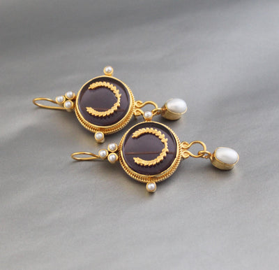 Purple Crystal Laurel Intaglio Earrings, Bridal Pearls, Gold Vermeil, photo 6