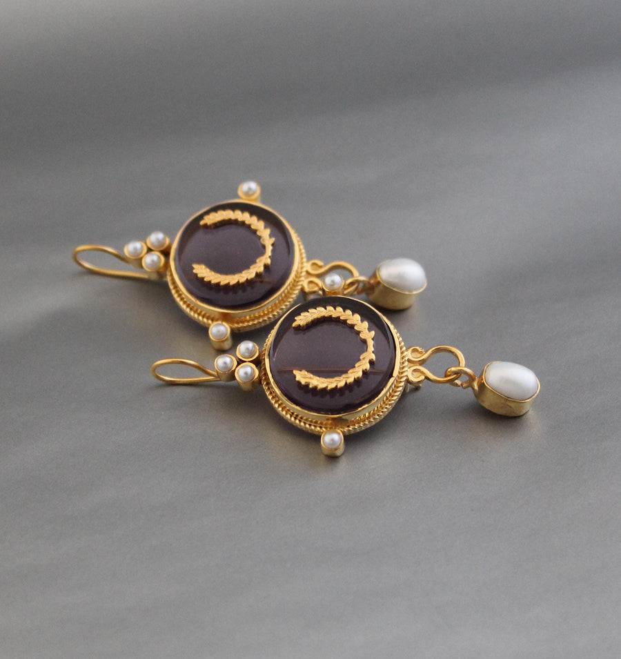 Purple Crystal Laurel Intaglio Earrings, Bridal Pearls, Gold Vermeil, photo 7