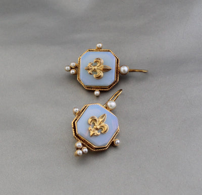 Opal Fleur-de-lis Intaglio Earrings, Victorian Style, Gold Vermeil, photo 2