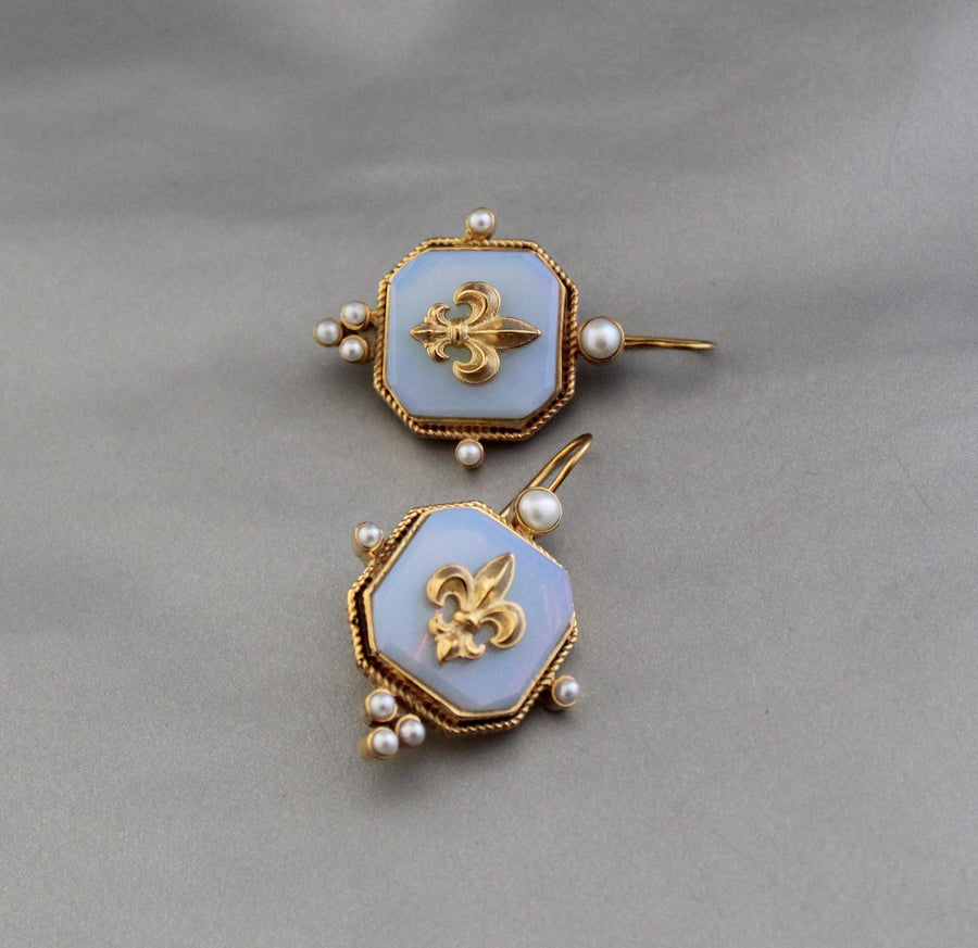 Opal Fleur-de-lis Intaglio Earrings, Victorian Style, Gold Vermeil, photo 2