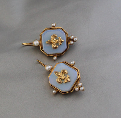 Opal Fleur-de-lis Intaglio Earrings, Victorian Style, Gold Vermeil, photo 6