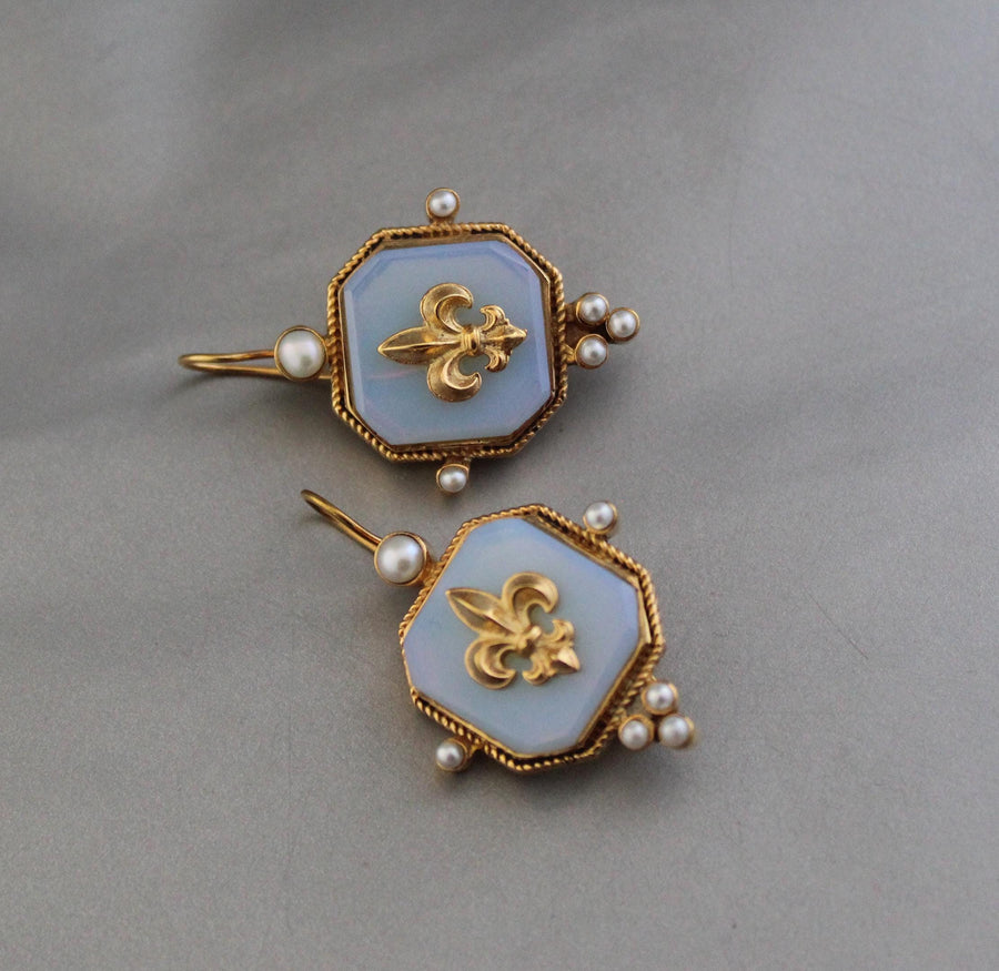 Opal Fleur-de-lis Intaglio Earrings, Victorian Style, Gold Vermeil, photo 6