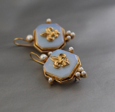 Opal Fleur-de-lis Intaglio Earrings, Victorian Style, Gold Vermeil, photo 5