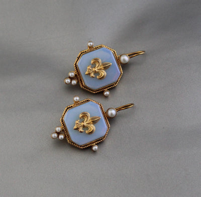 Opal Fleur-de-lis Intaglio Earrings, Victorian Style, Gold Vermeil, photo 8