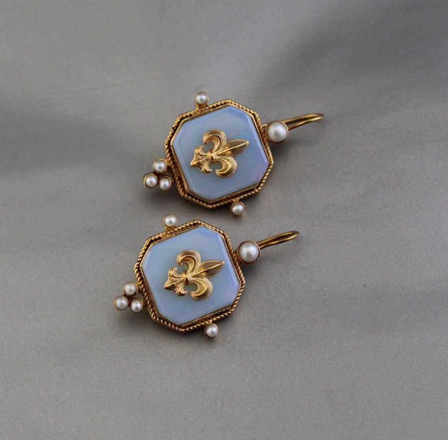 Opal Fleur-de-lis Intaglio Earrings, Victorian Style, Gold Vermeil, photo 8