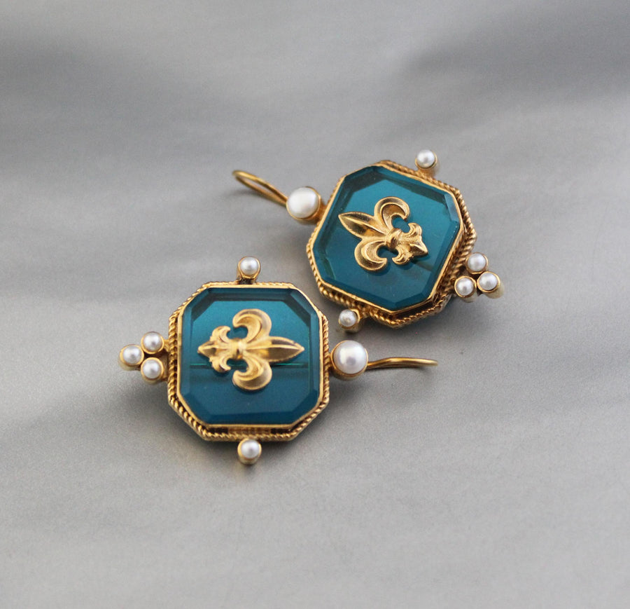 Turquoise Blue Fleur-de-lis Intaglio Earrings, Victorian Style, Gold Plated, photo 7