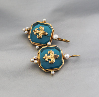 Turquoise Blue Fleur-de-lis Intaglio Earrings, Victorian Style, Gold Plated, photo 6