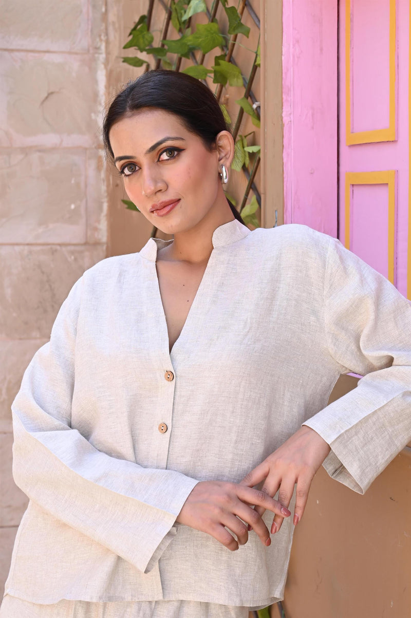 Oversized Linen Collar Shirt: Long Sleeve Button Up Blouse
