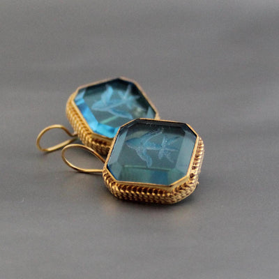 Blue Intaglio Glass Earrings, Victorian Style, Brass, photo 4