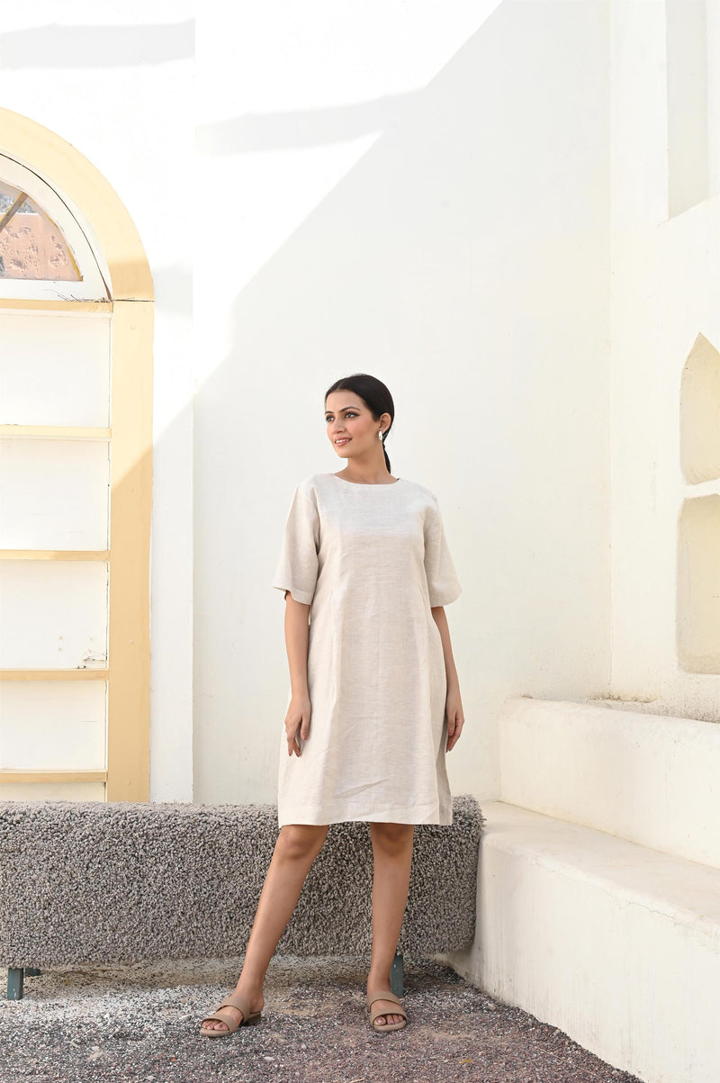 V-Neck Linen Tunic Dress, Half Sleeve