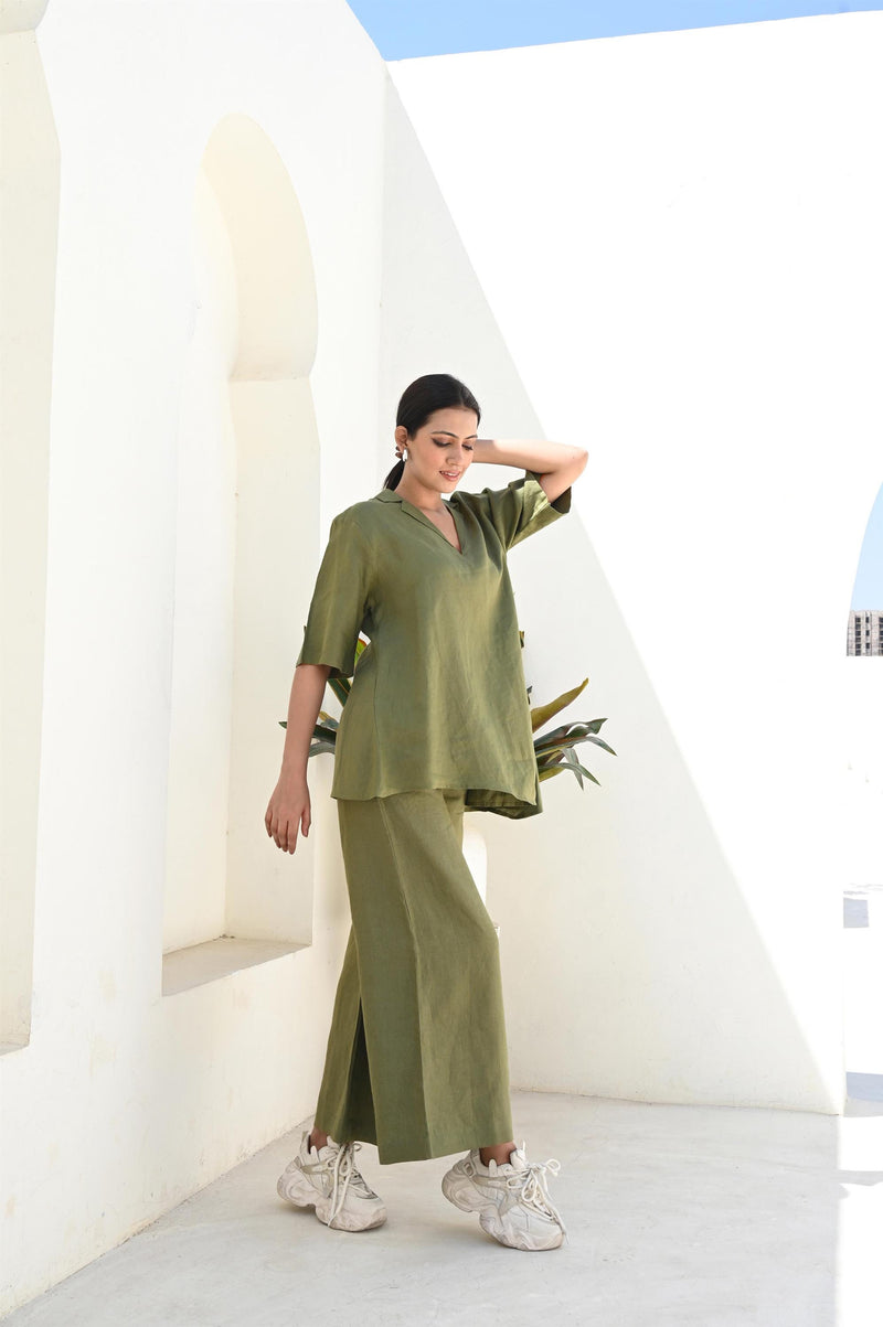 Loose Linen Co-ord Set, Asymmetrical Tunic Top & Palazzo Pants, Custom linen lounge set, Loose Wide Pants, Plus Size