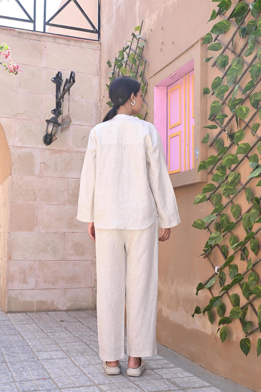 Linen Lounge Set, Women's Relaxed Fit Shirt and Pants, Elastic Waist, Custom Made Linen Co-ord