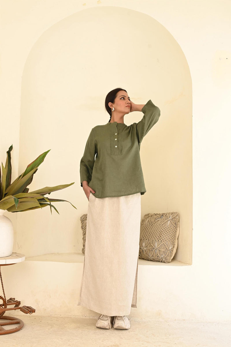 Moss Green Linen Pintuck Blouse