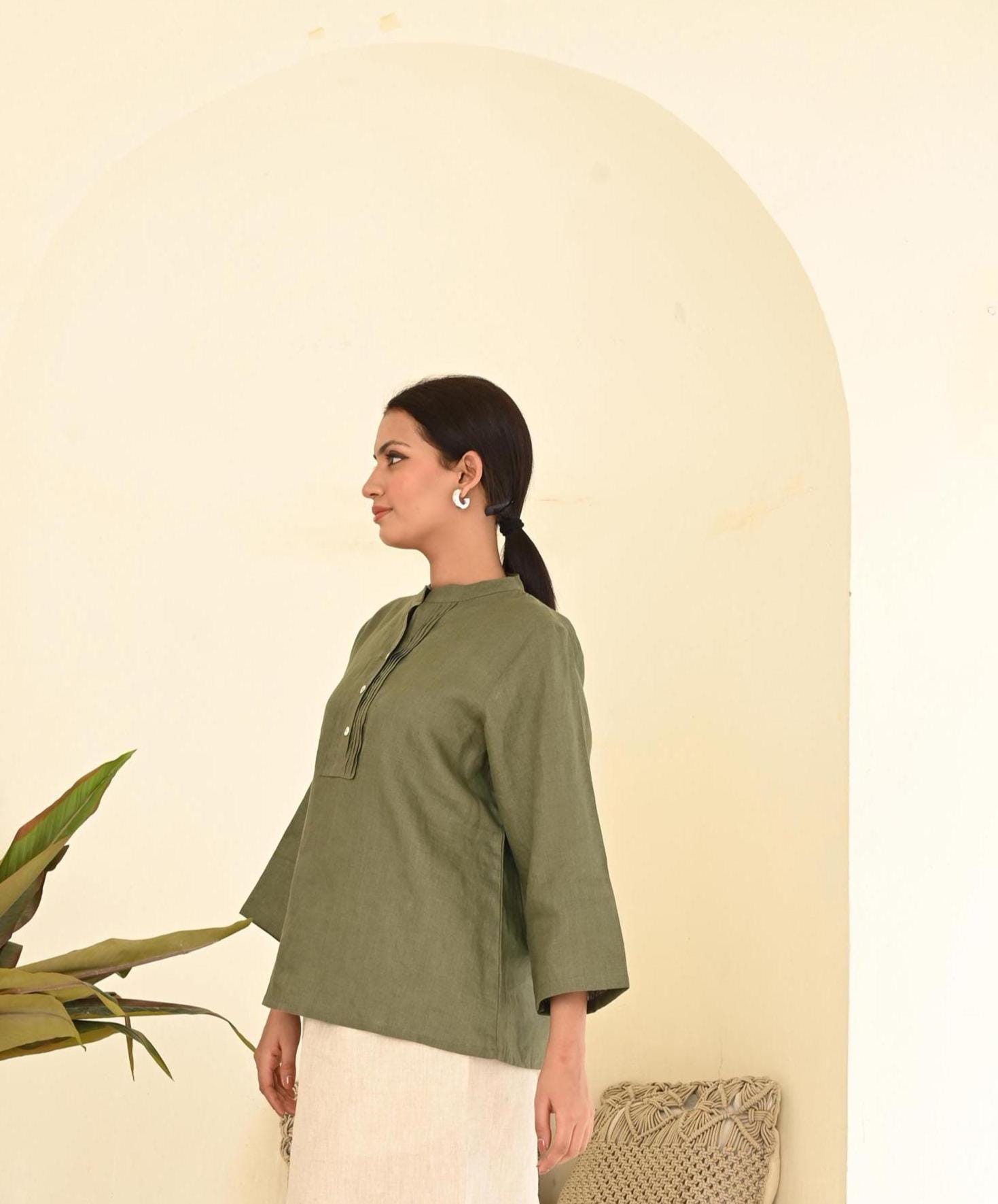 Moss Green Linen Blouse: Pintuck Detail, Long Sleeves