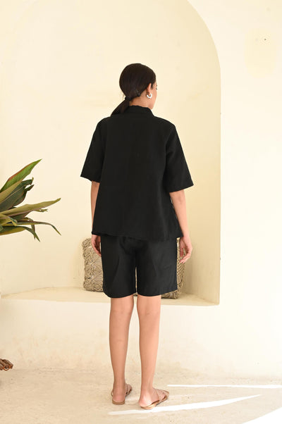 Black Linen Set for Women , Summer Two Piece Outfit , Handmade Linen Shirt and Shorts , Casual Matching Co-ord Set , Linen Loungewear