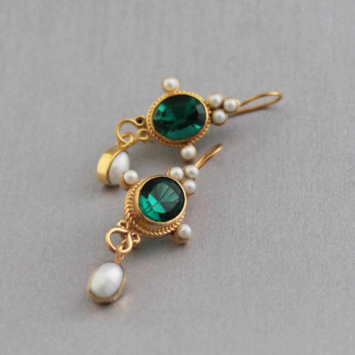 Dark Green Glass Intaglio Earrings, Victorian Style, Gold Vermeil with Pearls, photo 10