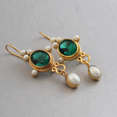Dark Green Glass Intaglio Earrings, Victorian Style, Gold Vermeil with Pearls, photo 2