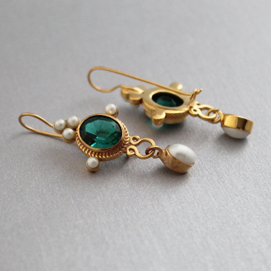 Dark Green Glass Intaglio Earrings, Victorian Style, Gold Vermeil with Pearls, photo 11