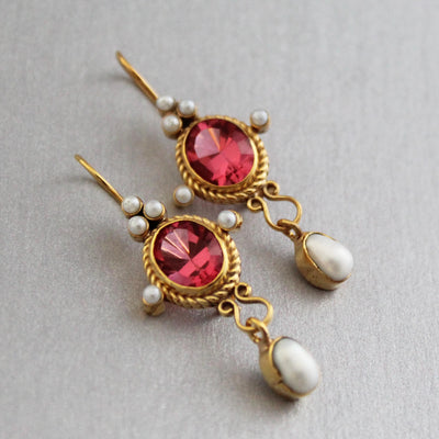 Pink Glass Intaglio Earrings, Roman Revival Style, Antique Gold Plated, photo 6