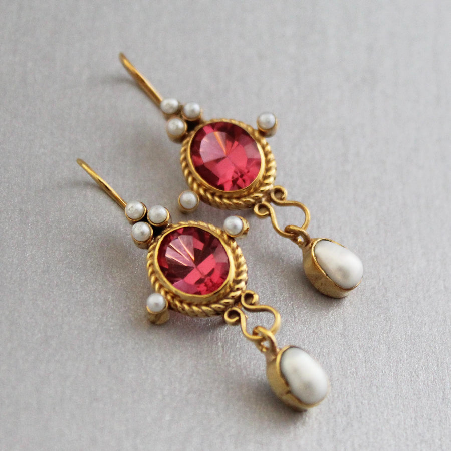 Pink Glass Intaglio Earrings, Roman Revival Style, Antique Gold Plated, photo 6