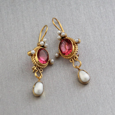 Pink Glass Intaglio Earrings, Roman Revival Style, Antique Gold Plated, photo 7
