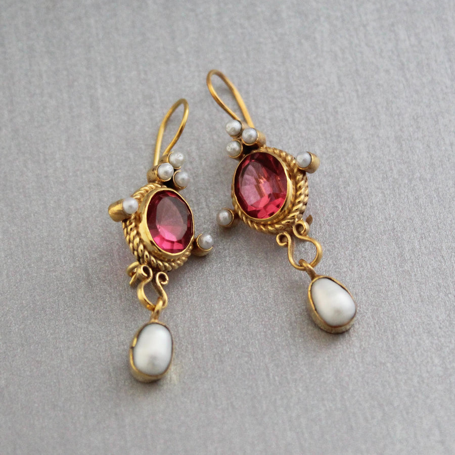 Pink Glass Intaglio Earrings, Roman Revival Style, Antique Gold Plated, photo 7