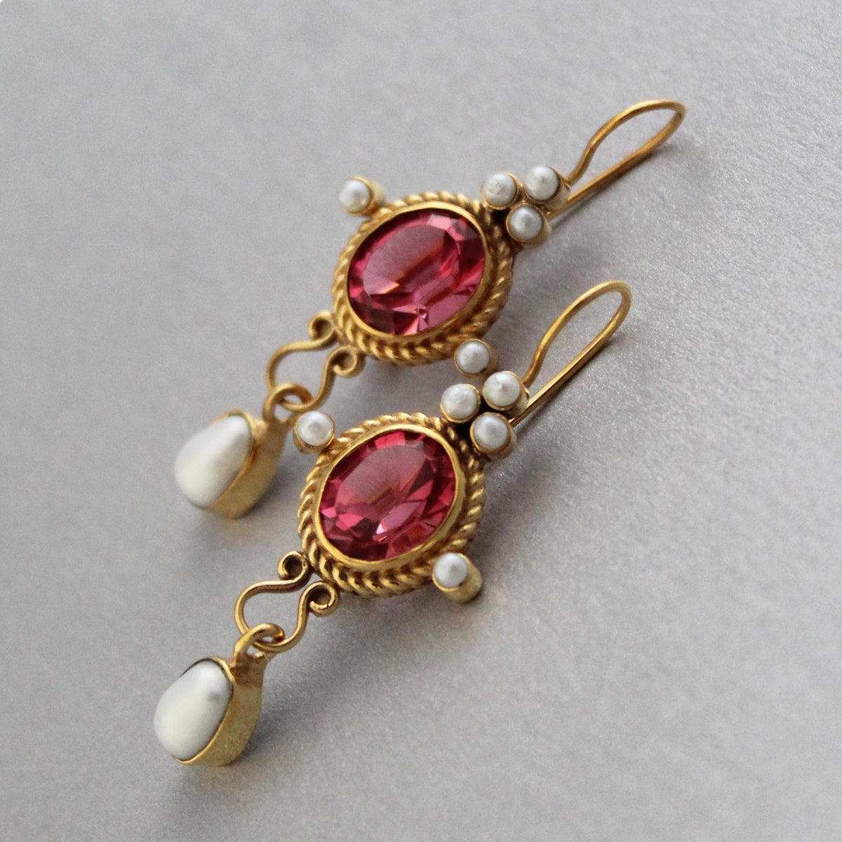 Pink Glass Intaglio Earrings, Roman Revival Style, Antique Gold Plated, photo 2