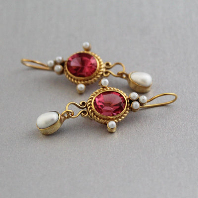 Pink Glass Intaglio Earrings, Roman Revival Style, Antique Gold Plated, photo 9
