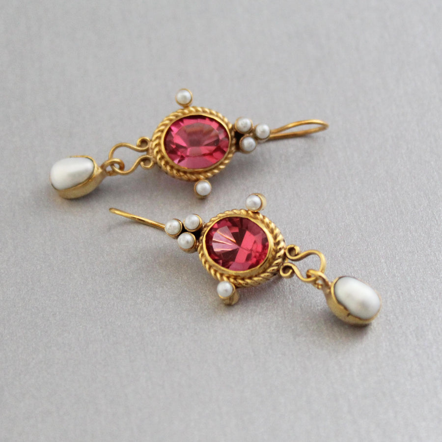 Pink Glass Intaglio Earrings, Roman Revival Style, Antique Gold Plated, photo 4
