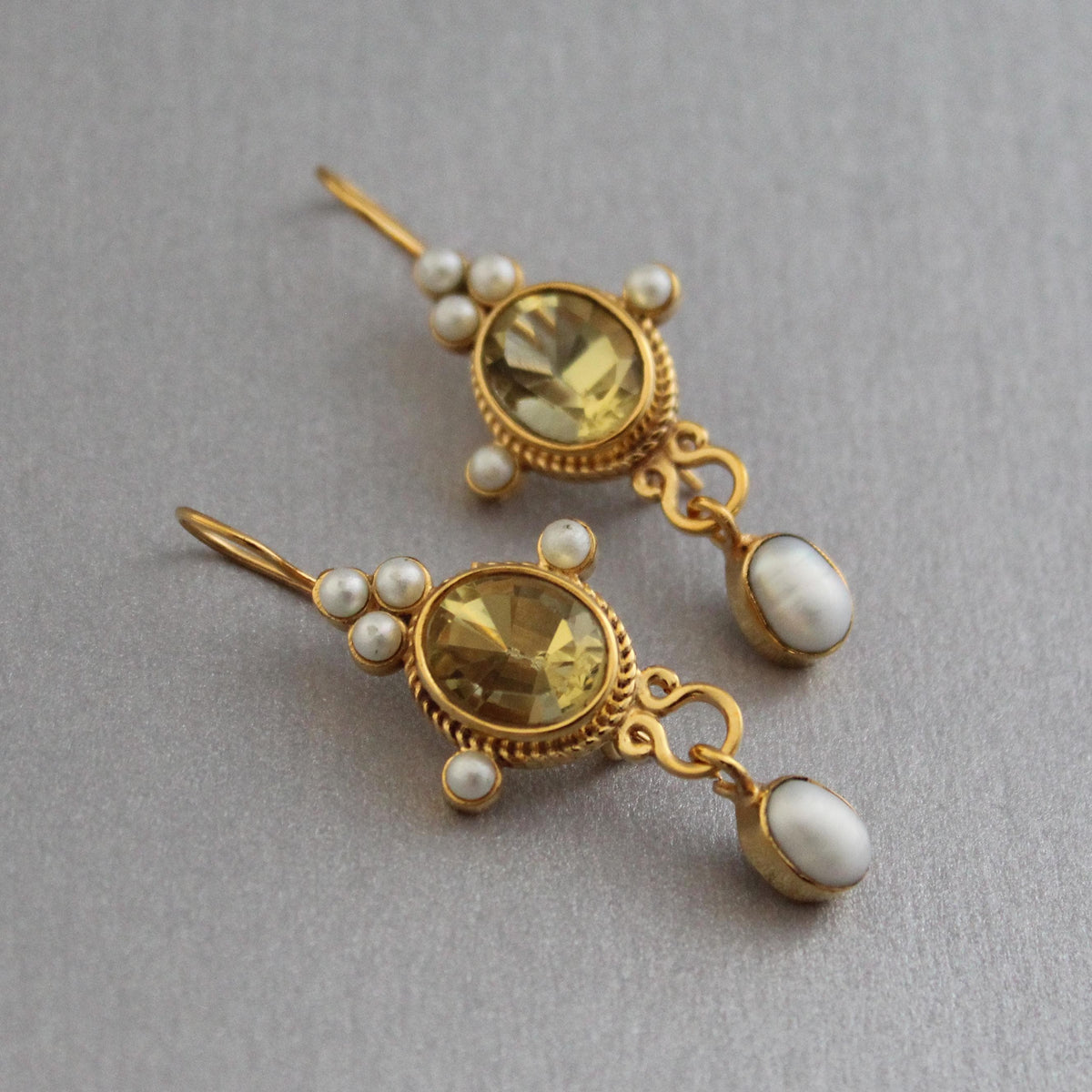 Yellow Intaglio Drop Earrings, Victorian Art Deco Gold