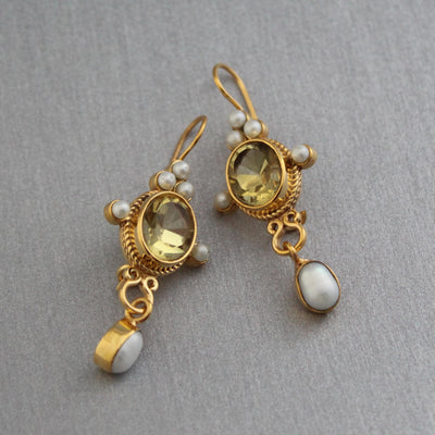 Yellow Intaglio Drop Earrings, Victorian Art Deco Gold, photo 6