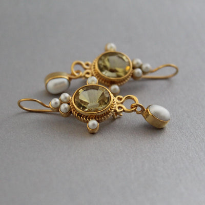 Yellow Intaglio Drop Earrings, Victorian Art Deco Gold, photo 2