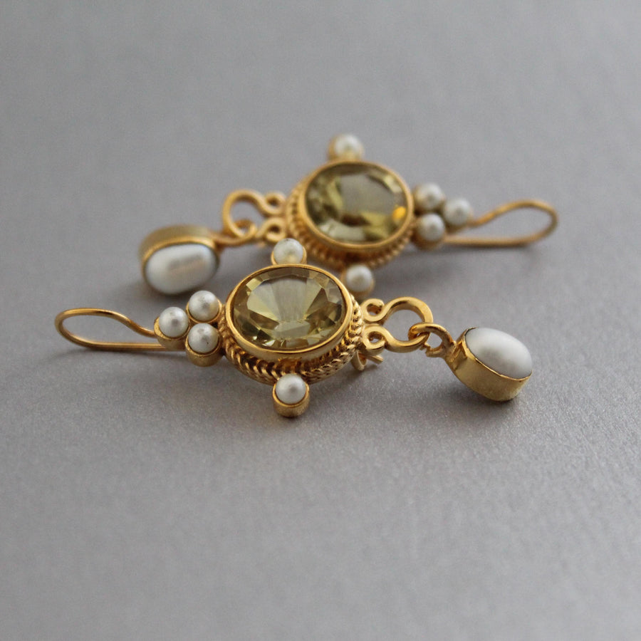 Yellow Intaglio Drop Earrings, Victorian Art Deco Gold, photo 2