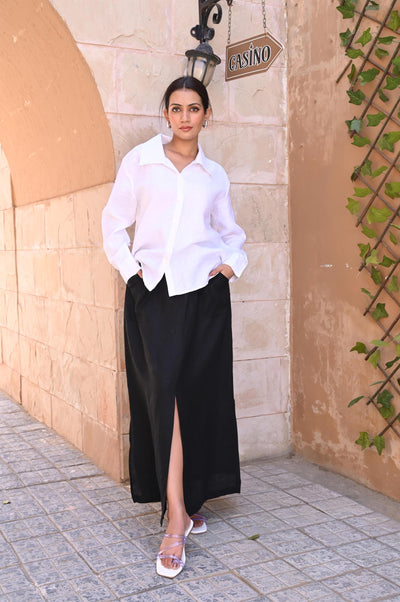 Black Linen Maxi Skirt with Slit, High Waist Long Skirt, Women’s Summer Skirt, Minimalist Linen Clothing, Linen Skirt with Pockets