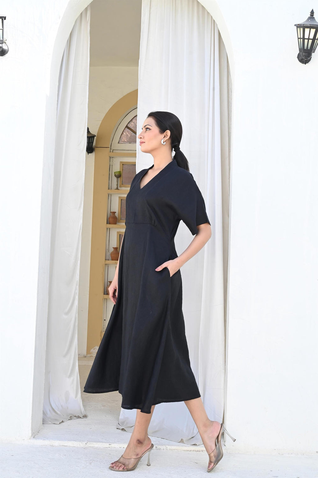 Black Linen Midi Dress, Linen Dress with V-Neckline, Linen Midi Dress with Pockets, Boat Neck Summer Dress, Plus Size Clothing