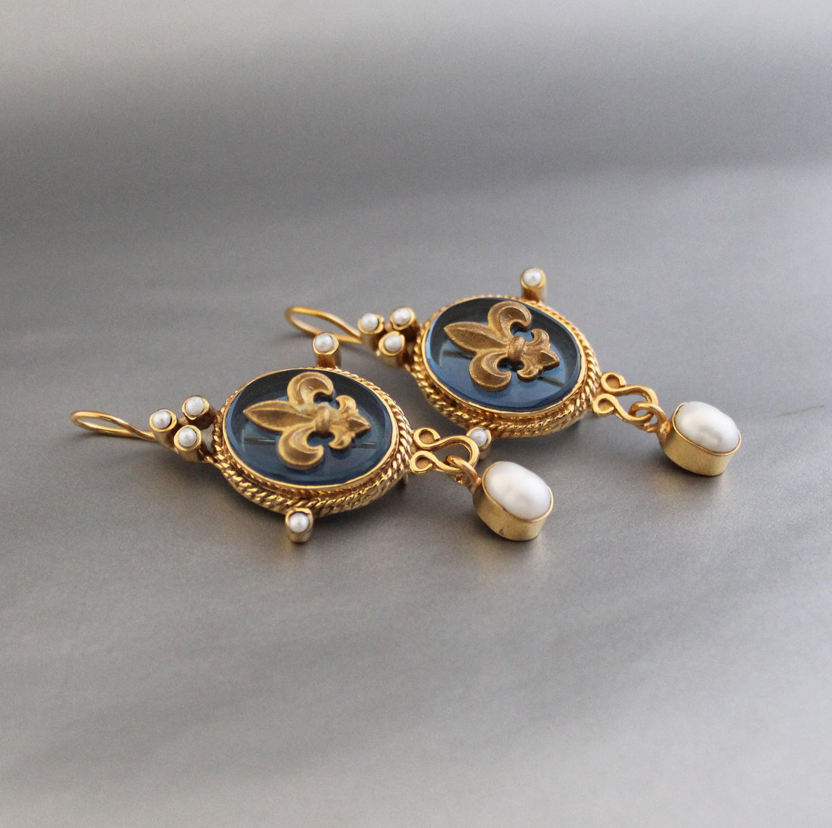 Blue Crystal Intaglio Earrings, Victorian Dangles, Gold Plated, photo 2