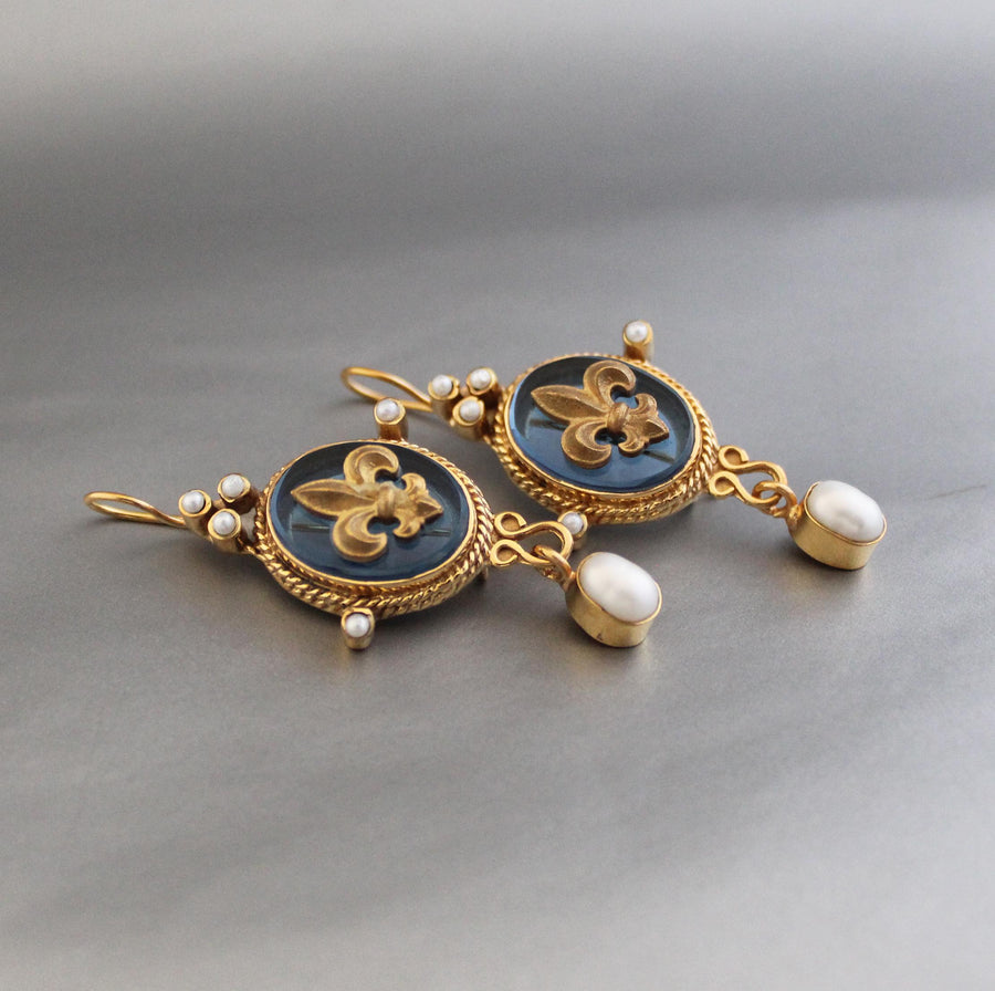 Blue Crystal Intaglio Earrings, Victorian Dangles, Gold Plated, photo 2