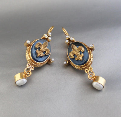 Blue Crystal Intaglio Earrings, Victorian Dangles, Gold Plated