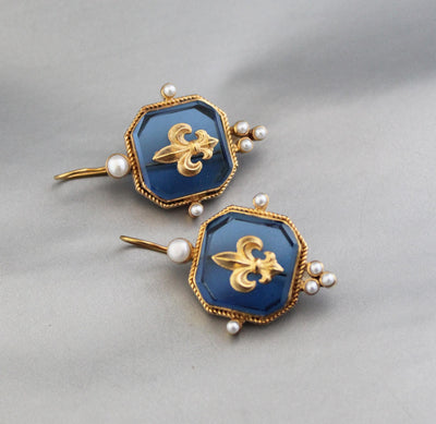 Blue Fleur-de-lis Intaglio Earrings, Victorian Style, Gold Plated, photo 8