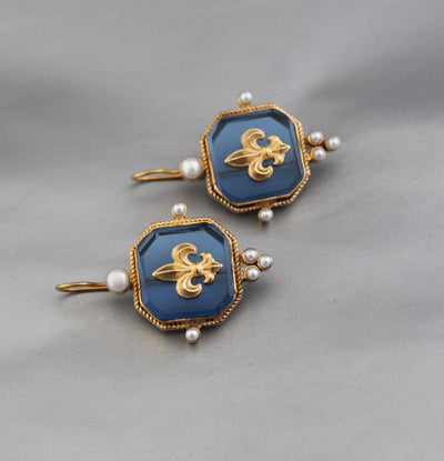 Blue Fleur-de-lis Intaglio Earrings, Victorian Style, Gold Plated, photo 9