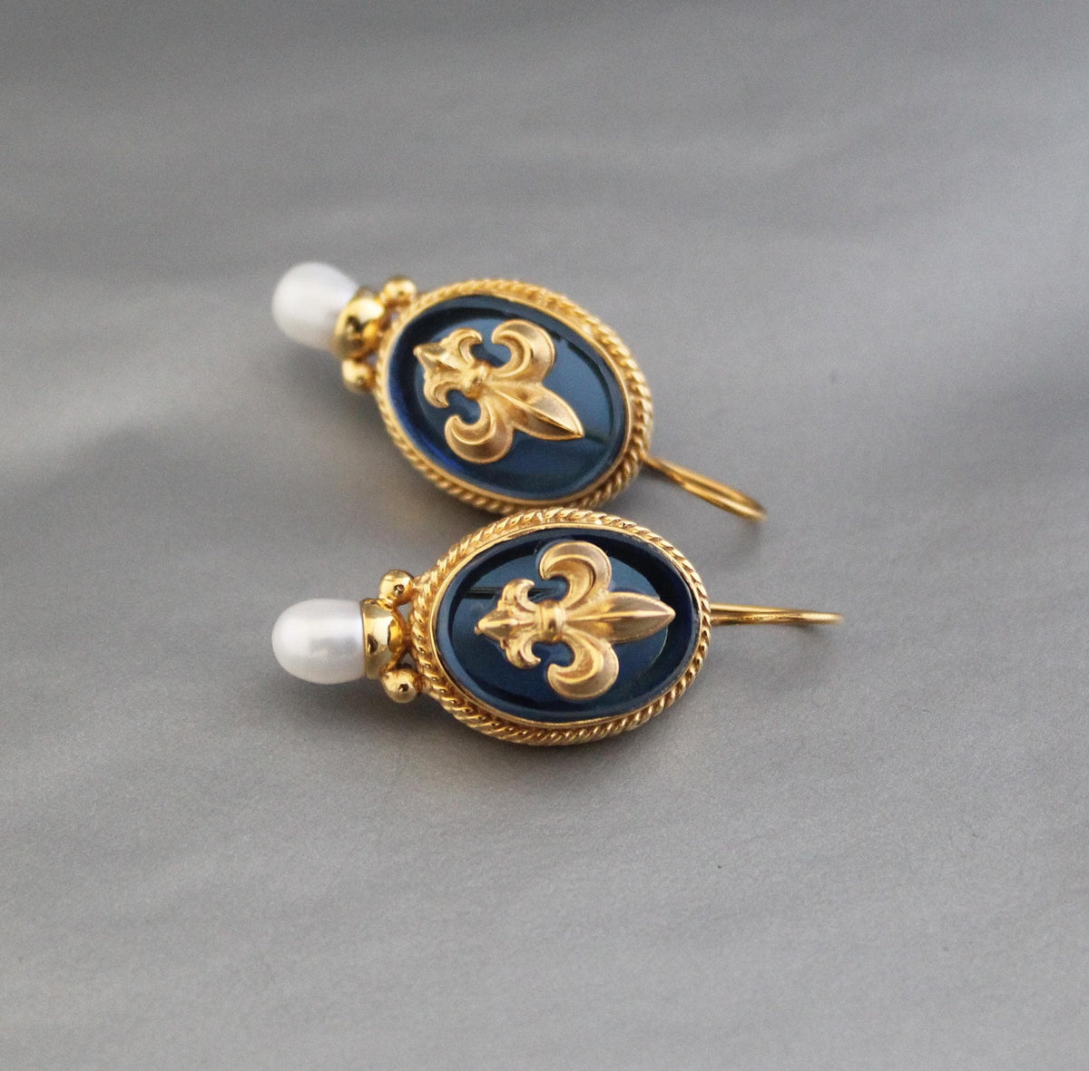 Blue Fleur-de-lis Intaglio Earrings, Victorian Style, 18K Gold Vermeil